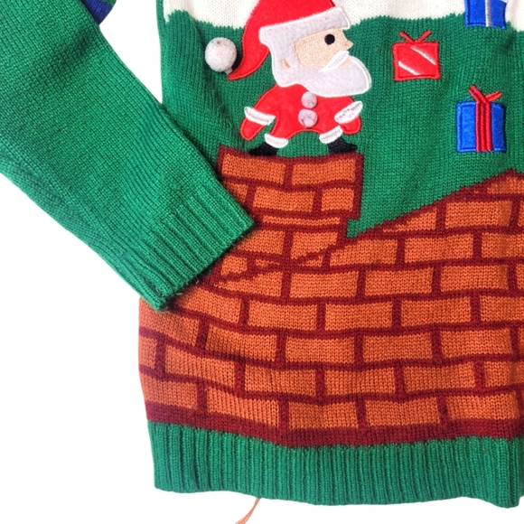 Festive Green Christmas Sweater with Santa and Gifts Kids "Ugly" Large (10-12) - Picture 3 of 4